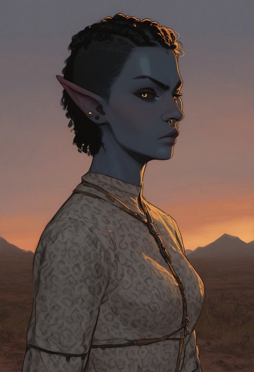safe_pos, solo, short pointy ears, full body, action stance, piercings, random elf face, aquiline features, female dark elf, brow rings, beaded piercings, weathered skin, blue-grey skin, large nose, insect chitin armor, insect chitin helmet, insect chitin ornaments, stylized insect pattern, athletic build,  animated realism, zoomed out, Syrian features, torso, yurts, tents, native camp, elegant berber tapestries, dead desert trees, ash dunes, distant volcano, ashy soil, grey green foliage, distant grey hills, sunrise, gloomy lighting, grey fabric awnings, dark wood posts, light dust clouds, grey-blue skin, mahogany and ivory clothes, medium armor, bone plate armor, ivory straps and fittings, alien bone ornaments, grey wood neckguard, medium_breasts, grey sclera, black pupils, blue-green light, neon, highly detailed, defined features, looking at viewer, three quarters view, from side, dynamic lighting, 29 years old, light and shadows, patterned cloth, annoyed expression, expressive eyes, detailed medieval clothes, short hair, wavy hair, thick hair, beaded hair, braided hair, under cut hair, semirealistic, alien elf, spanish features, jewish features, black hair, dark red hair, desaturated blue skin, sharp features, pastel green inuit print cloak, nighttime, high detail, absurdres, pretty eyes, detailed eyes, yellow eyes,