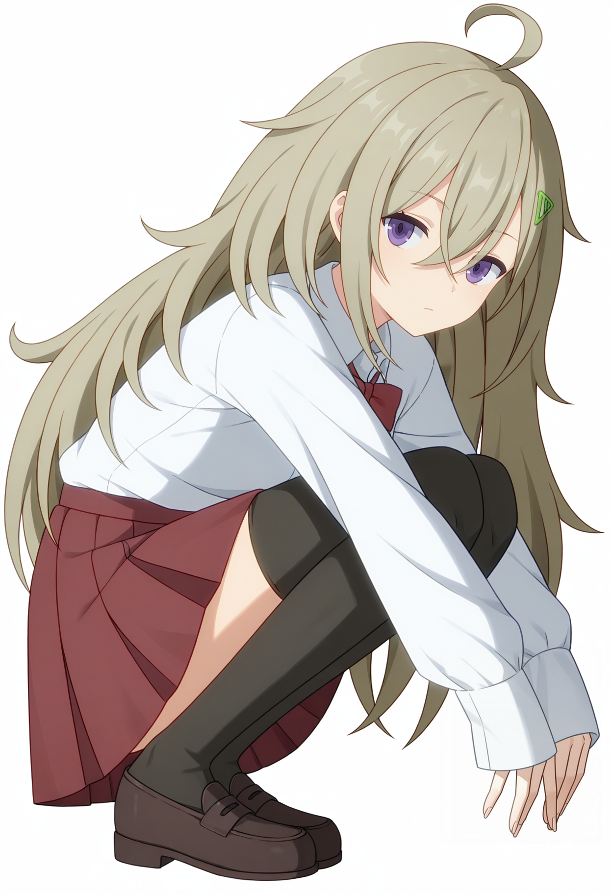 Tsutsuji HIGA,solo,thighhighs,skirt,full body,simple background,white background,hair ornament,looking at viewer,black thighhighs,red skirt,pleated skirt,long sleeves,closed mouth,sleeves past wrists,brown hair,
<lora:Tsutsuji HIGA_illustrious-000036:1>,long hair,expressionless,white shirt,school uniform,loafers,squatting