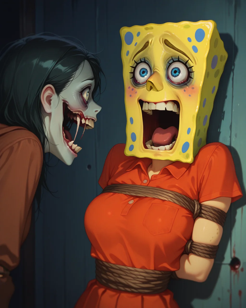 masterpiece,best quality,higres illustration,detailed face,1girl,upper body,spongebob squarepants,<lora:pulphorror_IL:1>,horror,scared,screaming,restrained,looking at another,