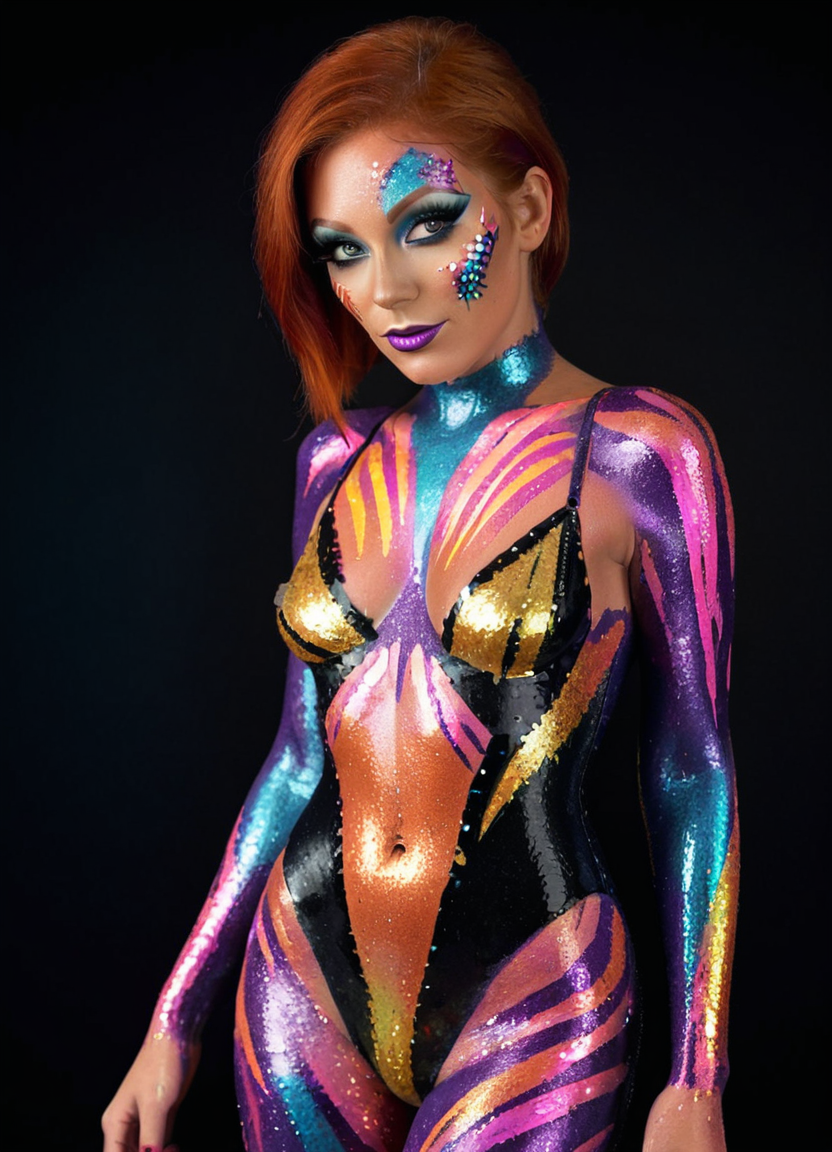 full body portrait of a woman in a nightclub, GlitterStyle, makeup, eyeshadow, mascara, black background, bodypaint, bodysuit, red hair, black, orange, neon, blue, pink, purple, high heels, highly detailed, realistic, 
 <lora:GlitterStyle_sdxl:0.8>