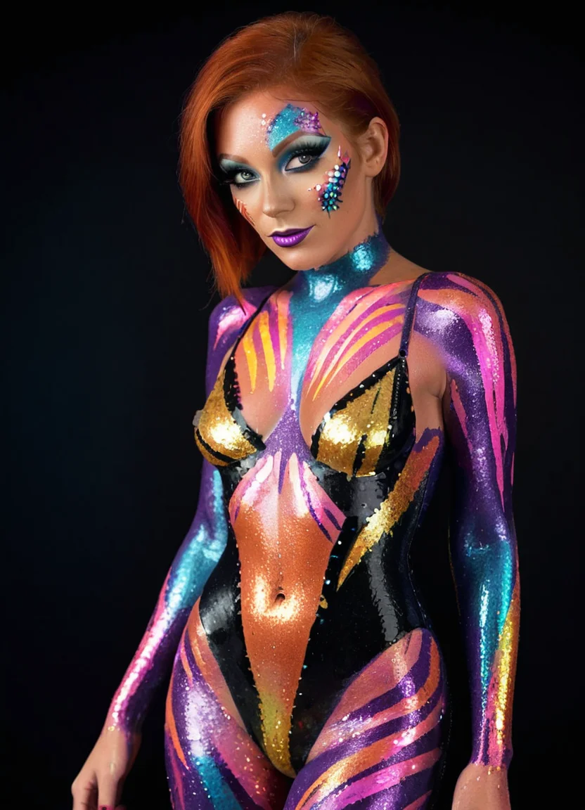 full body portrait of a woman in a nightclub, GlitterStyle, makeup, eyeshadow, mascara, black background, bodypaint, bodysuit, red hair, black, orange, neon, blue, pink, purple, high heels, highly detailed, realistic,
<lora:GlitterStyle_sdxl:0.8>