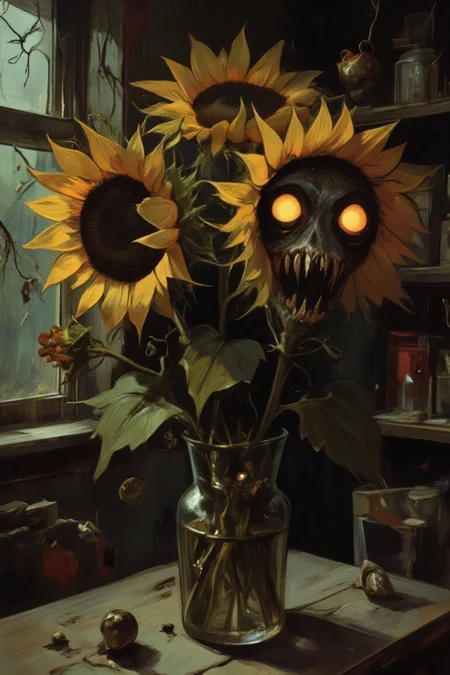 In a dimly lit, eerie room with walls adorned by twisted, gnarled vines, a bouquet of sunflowers sits atop a decrepit wooden table. The sunflowers' once-vibrant petals now wilted and decayed, their stems contorted in macabre poses. But what's most unsettling is the eyes - two glowing orbs that seem to pierce through the shadows, as if watching with an otherworldly intelligence. The teeth, sharp as razor-sharp thorns, appear to be constantly gnawing, as if hungry for something. The overall atmosphere is one of foreboding dread, where even the sun's warmth seems tainted by malevolent presence.
