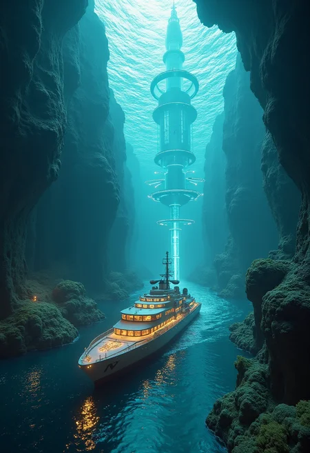 yfg-ge0m, A bioluminescent cruiser glides through an underwater metropolis of an ancient marine world, where glass-domed skyscrapers and futuristic research hubs are connected by translucent tunnels :: wide shot, eye level, soft focus :: hyperrealistic, hyper detailed, photo-realistic :: masterpiece, incredible composition, amazing depth, imposing, meticulously composed.