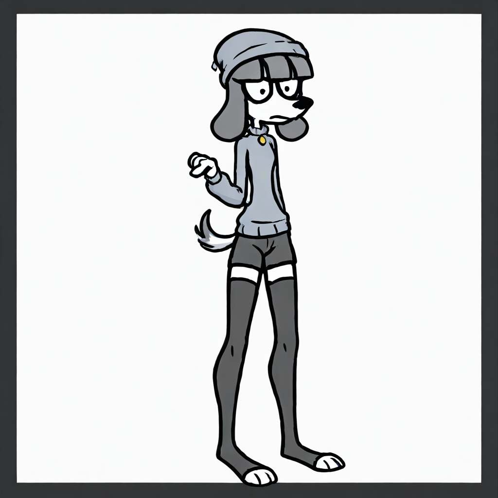 (Fifi - Somemf)  (furry female,white skin) (dog girl,white fur,grey hair,dog ears,dog tail) (black beanie,grey sweater,black shorts,thighhighs,black thighhighs,toeless soc