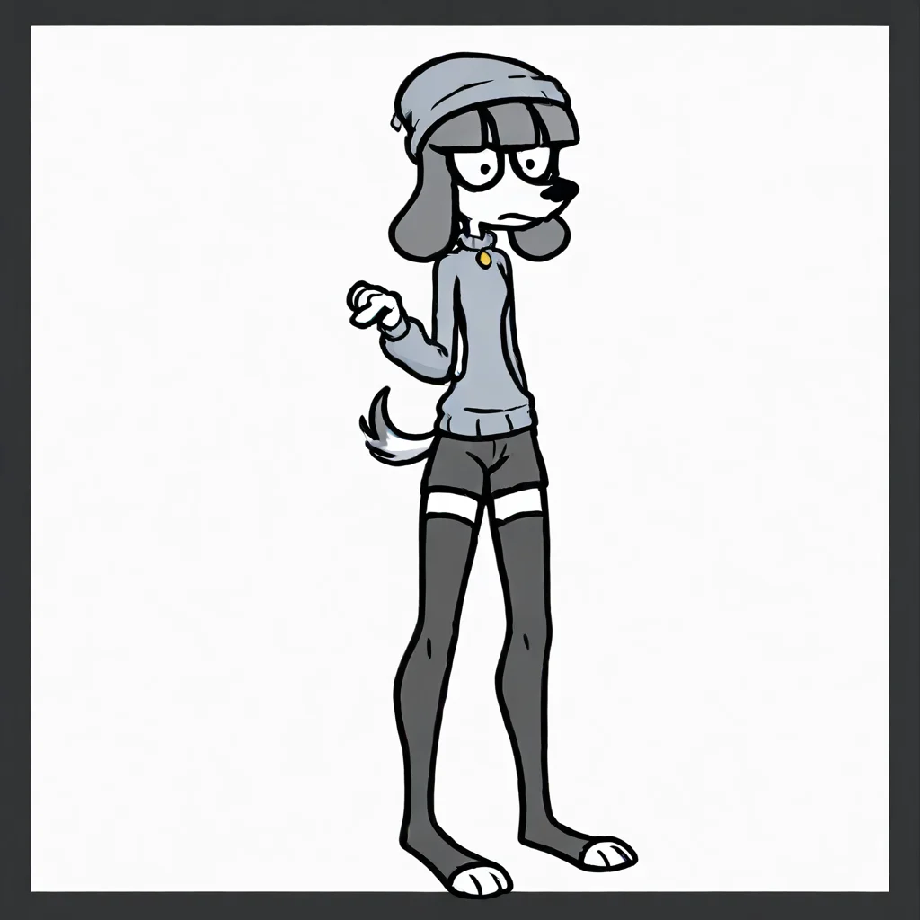(Fifi - Somemf)  (furry female,white skin) (dog girl,white fur,grey hair,dog ears,dog tail) (black beanie,grey sweater,black shorts,thighhighs,black thighhighs,toeless soc