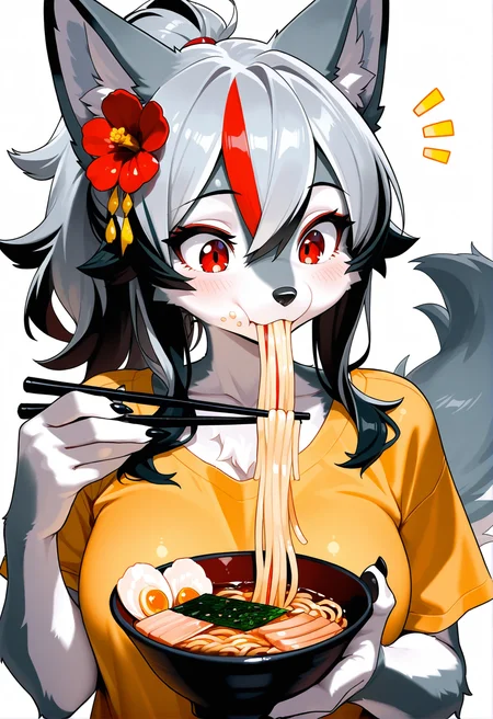 1girl, furry female, furry, animal ears, solo, food, eating, multicolored hair, red eyes, holding, body fur, long hair, chopsticks, streaked hair, animal nose, tail, upper body, animal ear fluff, hair ornament, breasts, wolf ears, bowl, wolf girl, ponytail, grey hair, white fur, hair flower, black hair, short sleeves, food in mouth, flower, blush, holding bowl, notice lines, simple background, bangs, wolf tail, claws, white background, noodles, two-tone fur, black nails, holding chopsticks, see-through, food on face, collarbone, hair between eyes, red hair, masterpiece