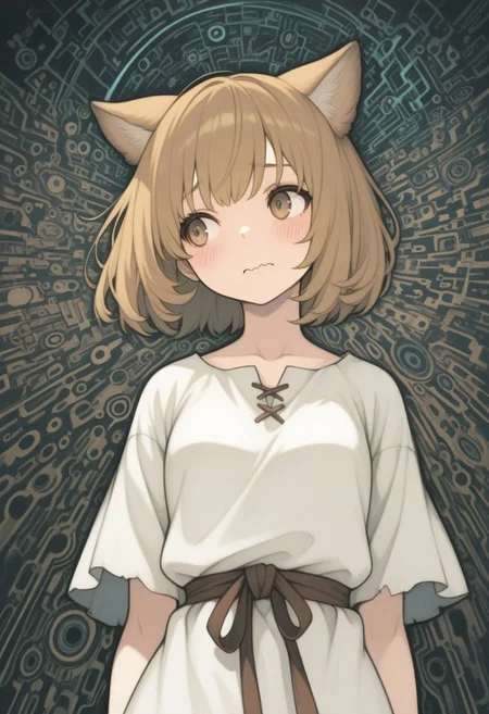 masterpiece, painting \(medium\),
BREAK,
1girl, white tunic, blush, wavy mouth, looking to the side,
BREAK,
dynamic angle, abstract, cinematic, kemonomimi mode, HR-Illu