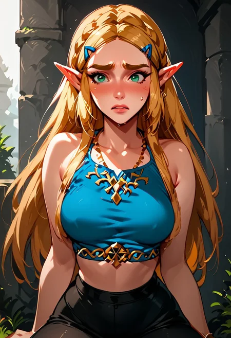 score_9, score_8_up, score_7_up, princess zelda/the legend of zelda/, green eyes, thick eyebrows, jewelry, blonde hair, long hair, bangs, parted bangs, sidelocks, blue shirt, tight pants, triforce, medium breasts. 53xp357_5w4rm_dubc0n, dubious consent, reluctant tall girl, embarrassed tall girl, ashamed tall girl, unhappy tall girl,