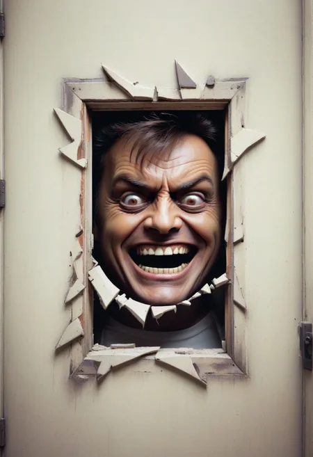 {"here's johnny" text logo}, [looking through a broken door with a creepy smile | upclose Jack Torrance], 80s