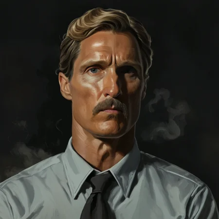 concept art of cinematic film still of <lora:add-detail-xl:1>0
<lora:detailed:0.3>
<lora:perfection style:0.3>
<lora:xl_more_art-full_v1:0.3>
<lora:true detective style:1>
Rust Cohle a man with a moustache and a mustache,solo,blonde hair,simple background,shirt,1boy,closed mouth,white shirt,upper body,male focus,collared shirt,dress shirt,facial hair,looking up,black background,realistic,mustache,old,wrinkled skin , sharp, detailed, epic photography, artistic, dramatic light, cinematic style, film style,
true detective style, digital artwork, illustrative, painterly, matte painting, highly detailed