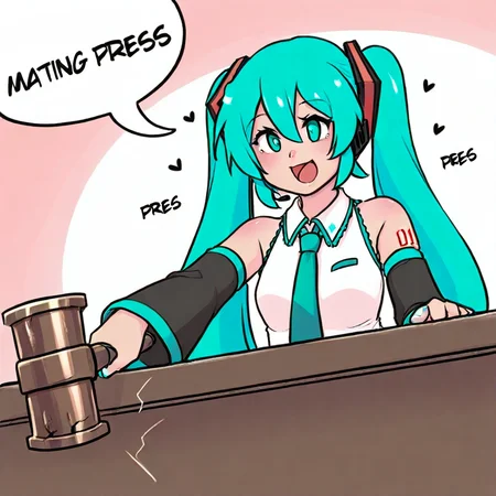 matpress, 1girl, solo, hatsune miku, open mouth, smile, looking to the side, heart, english text, speech bubble, holding hammer, hammer,
