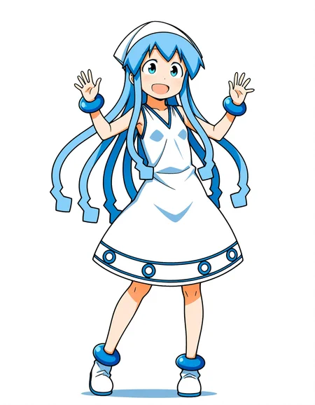 1girl, <lora:ikmsm_illustrious_v7:1> ikmsm, ikamusume, white headwear, blue hair, blue eyes, white dress, sleeveless, bracelet, 
smile, (open eyes), open mouth, 
standing, full body, 
white background, 
general, masterpiece, best quality, anime coloring,, <lora:dmd2_sdxl_4step:1>