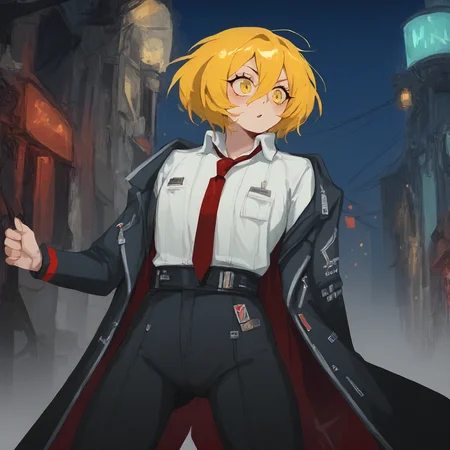 <lora:Art Style Limbus Story Art (Vellmori):1> l1mbu5v3ll,   solo,     <lora:Don_Quixote_Limbus_Company:1> DonQuixoteLimbus, 1girl, short hair, blonde hair, yellow eyes. DonSinner, black pants, red necktie, black coat, white shirt., score_9, score_8_up, score_7_up, score_6_up, score_5_up, score_4_up, masterpiece, detailxl. BREAK