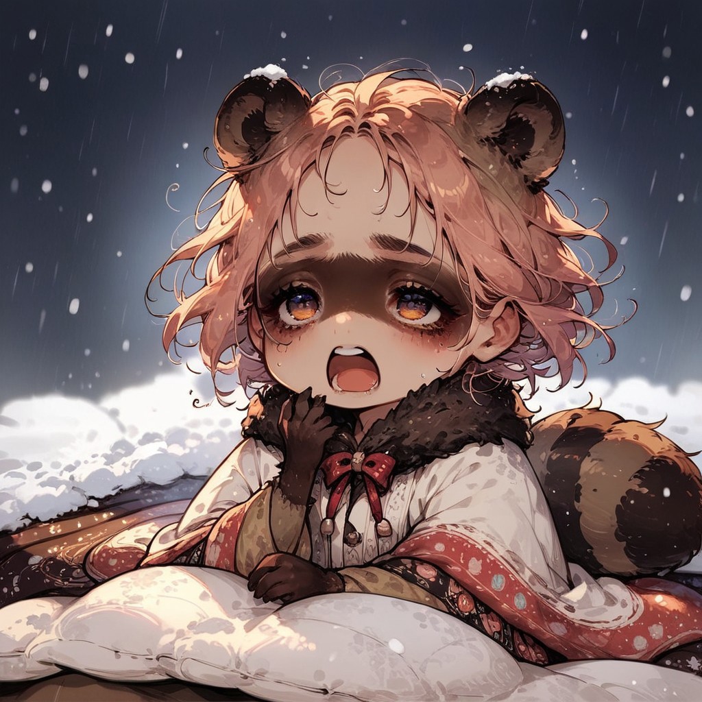 score_9, score_8_up, score_7_up, source_anime, 1girl, (ultra HD quality details), anime, slightly chibi, raccoon girl, wrapped in blanket, tired, (rubbing one eye), looking up, yawn, falling snow, snowstorm
(detailed image, high resolution, 5k resolution:1.0)