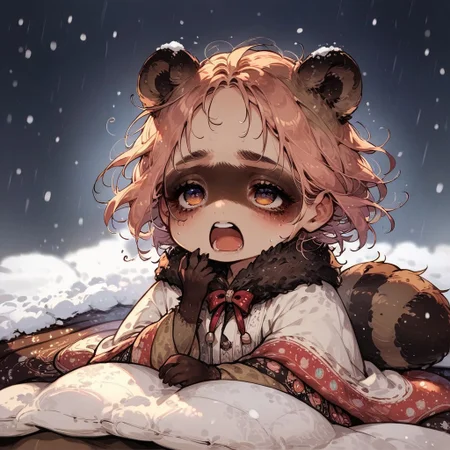 score_9, score_8_up, score_7_up, source_anime, 1girl, (ultra HD quality details), anime, slightly chibi, raccoon girl, wrapped in blanket, tired, (rubbing one eye), looking up, yawn, falling snow, snowstorm
(detailed image, high resolution, 5k resolution:1.0)