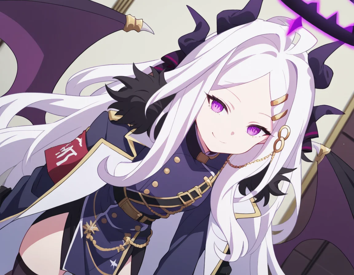 score_9, score_8_up, score_7_up, source_anime, <lora:hina-sorasaki-s1-ponyxl-lora-nochekaiser:1>, hina sorasaki, purple eyes, white hair, halo, ahoge, parted bangs, long hair, very long hair,, armband, black gloves, coat, coat on shoulders, demon horns, demon wings, fur collar, gloves, hair ornament, horns, long coat, military uniform, miniskirt, multiple horns, side slit, thighhighs, uniform, wings, zettai ryouiki,, indoors, bent over, smile,, looking at viewer, solo, cowboy shot, dutch angle