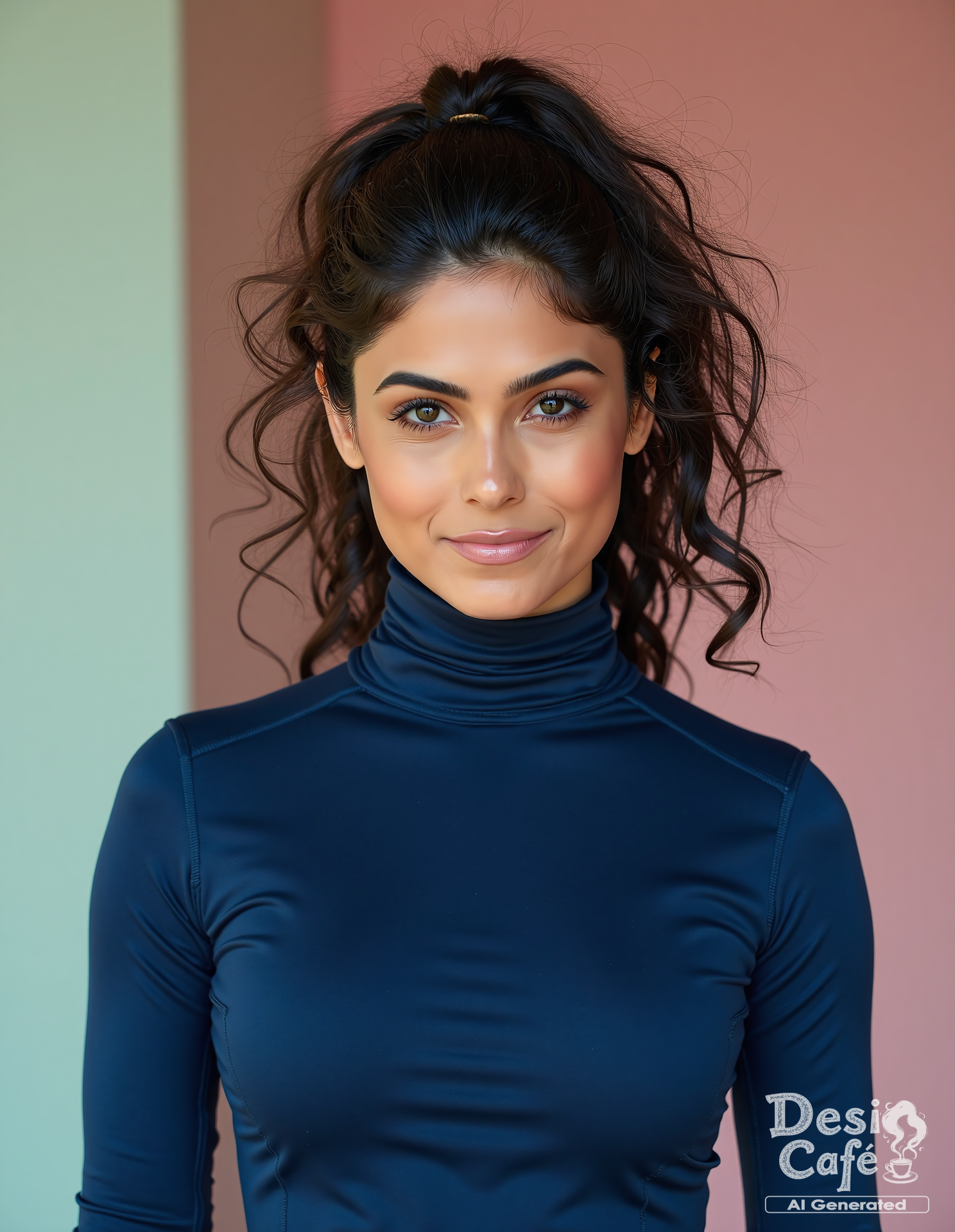 from front photo of n41n4 woman, hyper realistic photo that is safe for work, shouting, studio quality image with natural colors, well dressed wearing intricate turtleneck Navy Blue full body Gym Wear, hair styled as  curls,muted pastel shaded multicolored background that contrasts with the person, cinematic lighting,âââââ   <lora:n41na_Naina_Ganguly_Flux_Kohya_V1:1>âââ