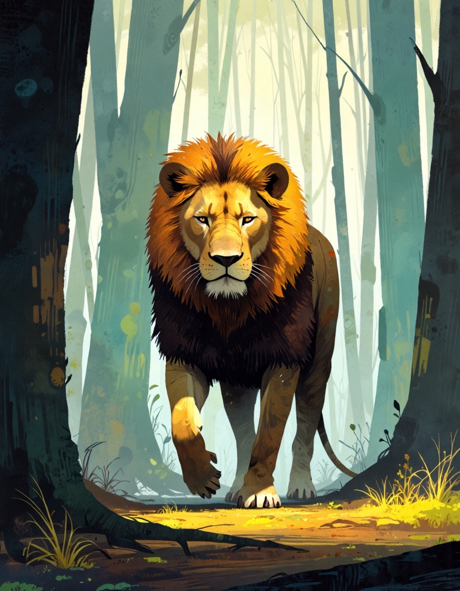 ppstorybook,A majestic lion walking through a misty forest, its golden mane glowing in the soft morning light. The atmosphere is serene, with the fog curling around the tree trunks. The lion's eyes shine with a regal, piercing gaze as sunlight filters through the dense canopy. (realistic, majestic)
