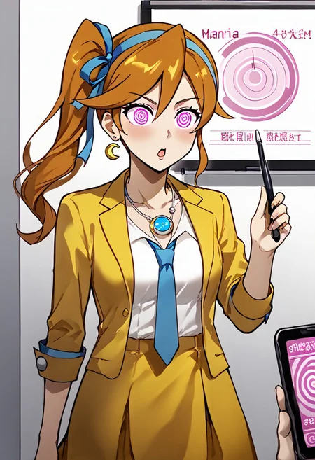 Athena hypnotized during presentation,
score_9, anime, 1girl, lewd, smooth,
mind control, hypnosis, spiral eyes, surprised expression, mind control phone app, phone, spiral,
pr3s3nt4tion, holding pointer, projector screen, graph,
athena cykes, side ponytail, hair ribbon, yellow jacket, white shirt, blue necktie, single glove, yellow skirt, pantyhose, jewelry, necklace, crescent earrings
