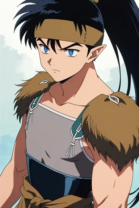 score_9, score_8_up, score_7_up, source_anime, rating_safe, intricate details, , , , 1boy, solo, male focus, <lora:kouga_inuyasha_pony:0.78>, kouga_inuyasha, black hair, blue eyes, long hair, ponytail, pointy ears, headband, , , <lora:sdxl_lightning_8step_lora:1>