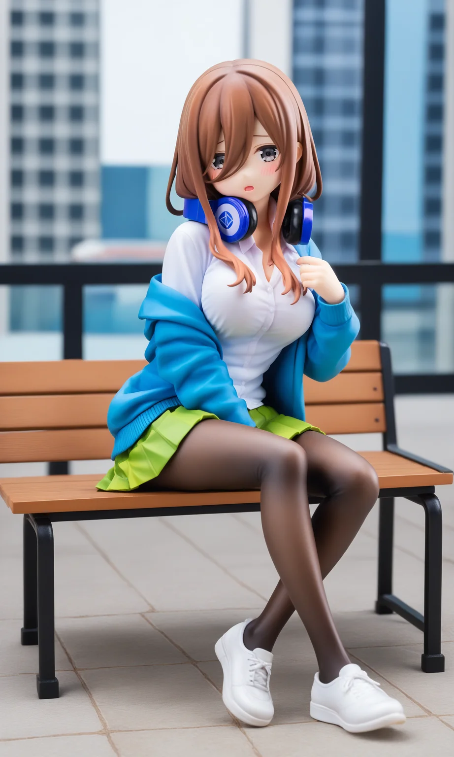 1girl, nakano miku,
real world location, photo background, the real background, pleated skirt, sitting, long sleeves, white shirt, convenient leg, undressing, no shoes, open mouth, dress shirt, black pantyhose, sweatdrop, green skirt, headphones around neck, looking at viewer, miniskirt, school uniform, pulling own clothes, blue cardigan, pantyhose pull, blush, wing collar, solo, collared shirt, cardigan, pantyhose, clothes pull, long hair, skirt, grey eyes, brown hair, hair between eyes, headphones, shirt,
A young girl sitting on a wooden bench in front of an easel. she is wearing a blue jacket, black tights, and white sneakers. her hair is styled in loose waves and she has a serious expression on her face. the background shows a cityscape with buildings and trees. there are two speech bubbles above her head with japanese characters written on them. the overall mood of the image is sad or contemplative.
score_9, score_8_up, score_7_up, source_anime
<lora:go-toubun_no_hanayome_5girl:1>