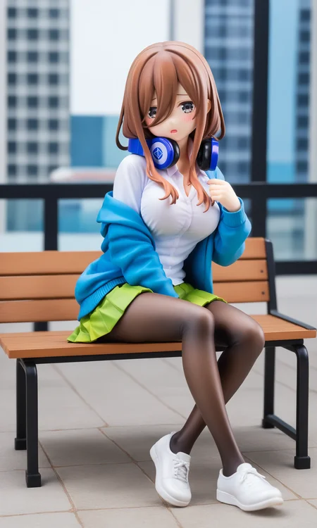1girl, nakano miku,
real world location, photo background, the real background, pleated skirt, sitting, long sleeves, white shirt, convenient leg, undressing, no shoes, open mouth, dress shirt, black pantyhose, sweatdrop, green skirt, headphones around neck, looking at viewer, miniskirt, school uniform, pulling own clothes, blue cardigan, pantyhose pull, blush, wing collar, solo, collared shirt, cardigan, pantyhose, clothes pull, long hair, skirt, grey eyes, brown hair, hair between eyes, headphones, shirt,
A young girl sitting on a wooden bench in front of an easel. she is wearing a blue jacket, black tights, and white sneakers. her hair is styled in loose waves and she has a serious expression on her face. the background shows a cityscape with buildings and trees. there are two speech bubbles above her head with japanese characters written on them. the overall mood of the image is sad or contemplative.
score_9, score_8_up, score_7_up, source_anime
<lora:go-toubun_no_hanayome_5girl:1>