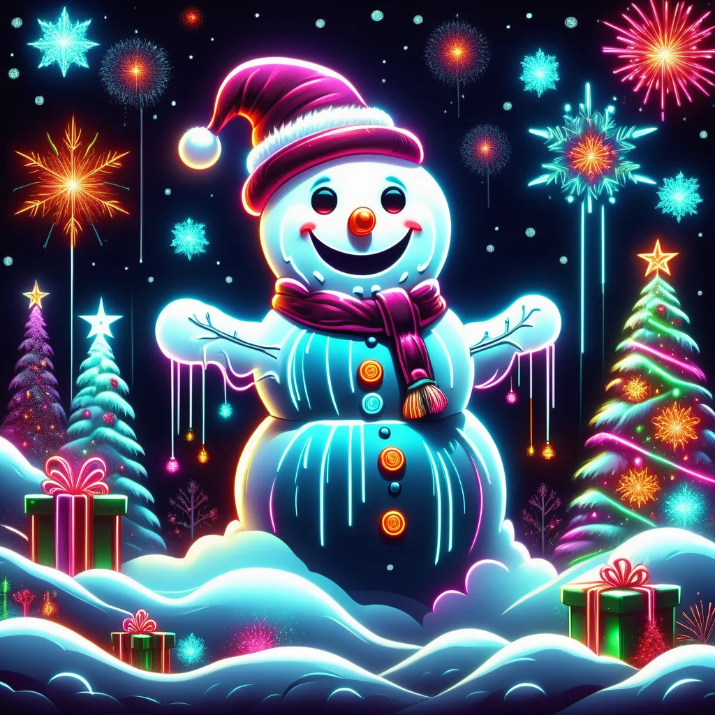 hyper detailed masterpiece, dynamic realistic digital art, awesome quality, DonMN30nChr1stGh0stsXL neon snowman illustrations, ghost of christmas present, , cozy and comforting,tranquil and serene, fireworks displays, icy and serene winter scenes <lora:DonMN30nChr1stGh0stsXL-000009:1>