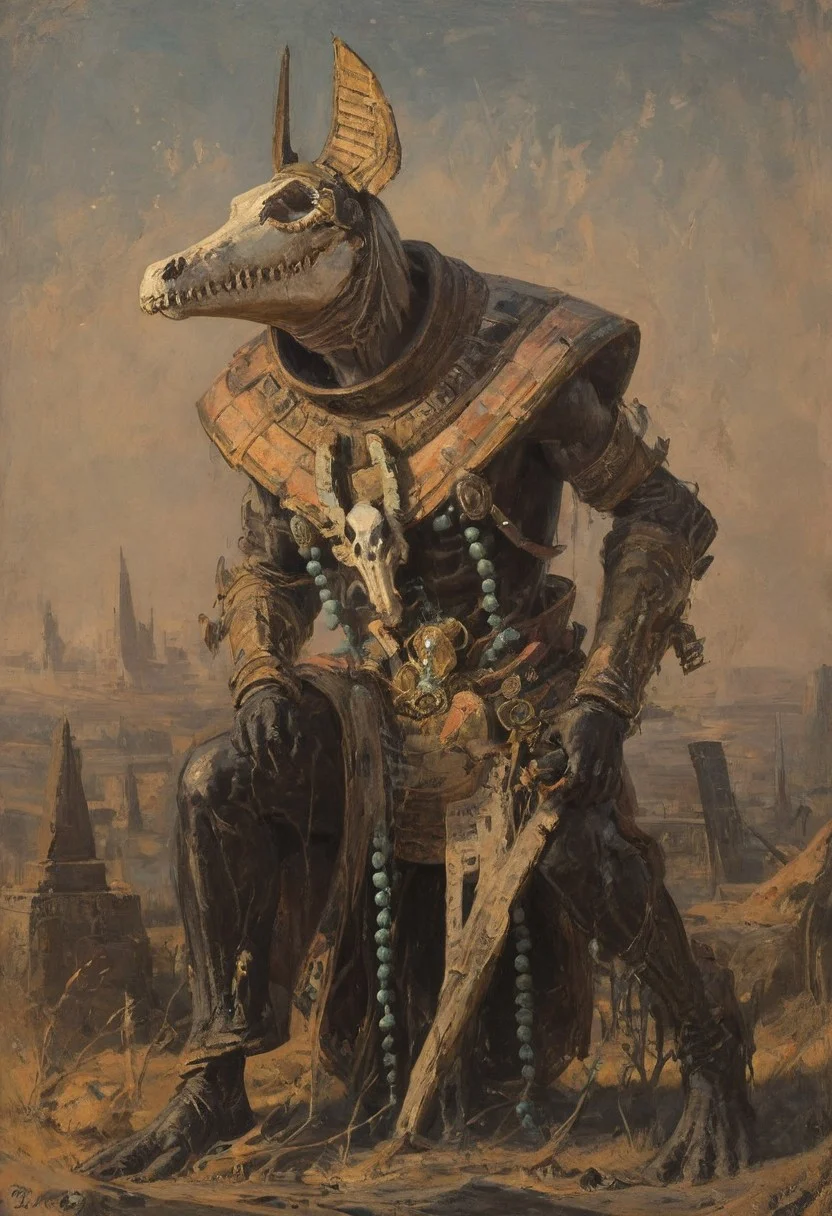 ((score_9, score_8_up, score_7_up)), (high contrast), (flat shapes), vertical lines, oil painting, realistic, grimdark, An enigmatic figure of an old god, (golden mask is shape of crocodile skull, animal skull mask), white skin, covered in coins, holding khopesh, metallic, ((jewelry)), ((dangling beads:1.2)). Ancient mystique. Holding huge ancient bronze machete, gesturing hands, bare feet, clawed feet, Egyptian. surreal background, under a dark starry sky. The style of a vintage, high-contrast setting. Emphasize theatrical elements, extreme contrast of bright colors against dark, moody backgrounds, ph4nt0m01l, , style-empire, hand