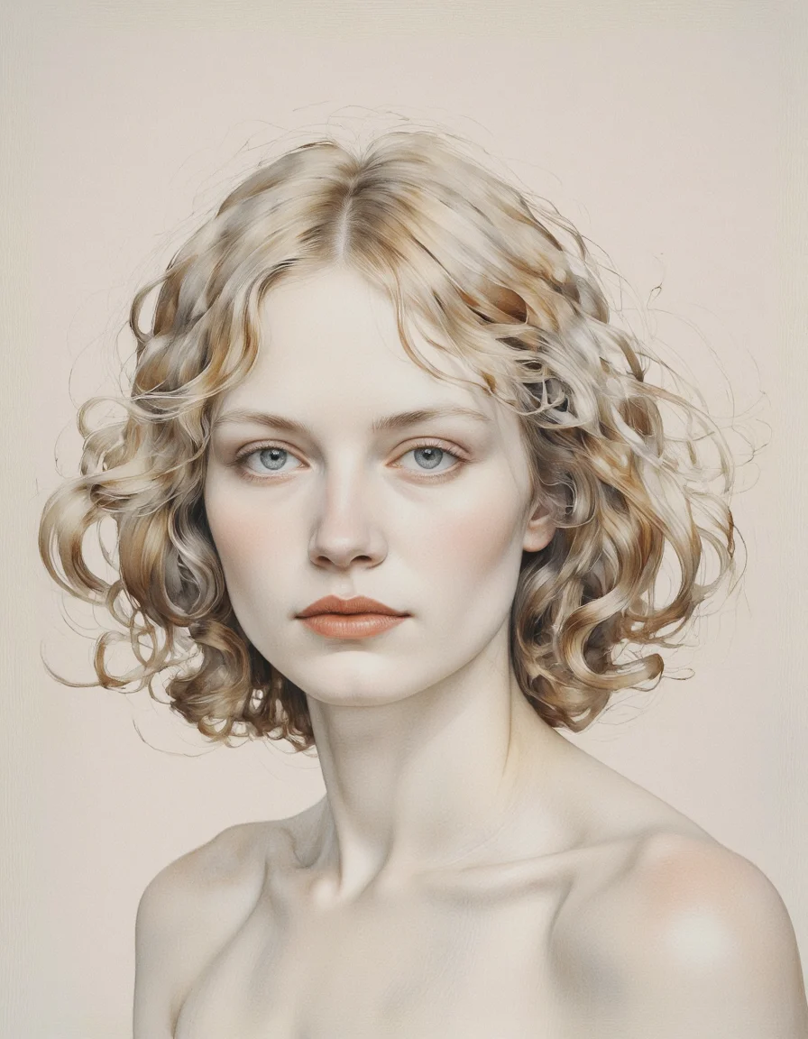 Inkquaria. A realistic, semi-realistic portrait of a woman with a soft expression, captured from a portrait camera angle. the image is a close-up portrait, focusing on the woman's face and upper body, with a focus on her striking features. on the middle of the image, a woman appears to be in her early twenties, with light skin and long, wavy, blonde hair that falls between her eyes. her hair is styled in loose, curly locks that frame her face, and her blue eyes are looking directly at the viewer with a neutral expression. her lips are painted with a bright orange lipstick, and she has a serene, slightly parted nose. she is wearing minimal clothing, with bare shoulders, and the background is a plain, light beige color. the lighting is soft and diffused, creating a sense of calmness and serenity. the woman is positioned in the center of the frame, with her upper body facing the viewer and her head slightly tilted to the side, giving the impression that she is looking directly into the viewer. the overall effect is one of softness and calmness, with the softness of her hair and the subtle texture of her skin and lips.