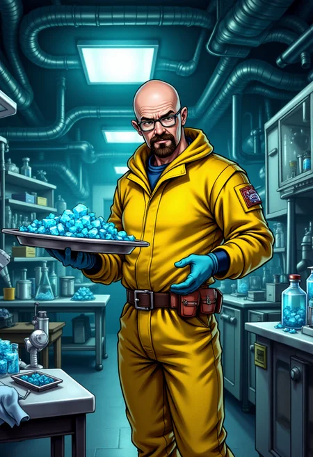<lora:KFT_Curse_of_Dragons_Crown_Style_FLUX:1>
The image is a vibrant, digitally created kftfantasy illustration featuring Walter White from Breaking Bad in a hazmat suit in and underground laboratory holding a tray full of small blue crystals