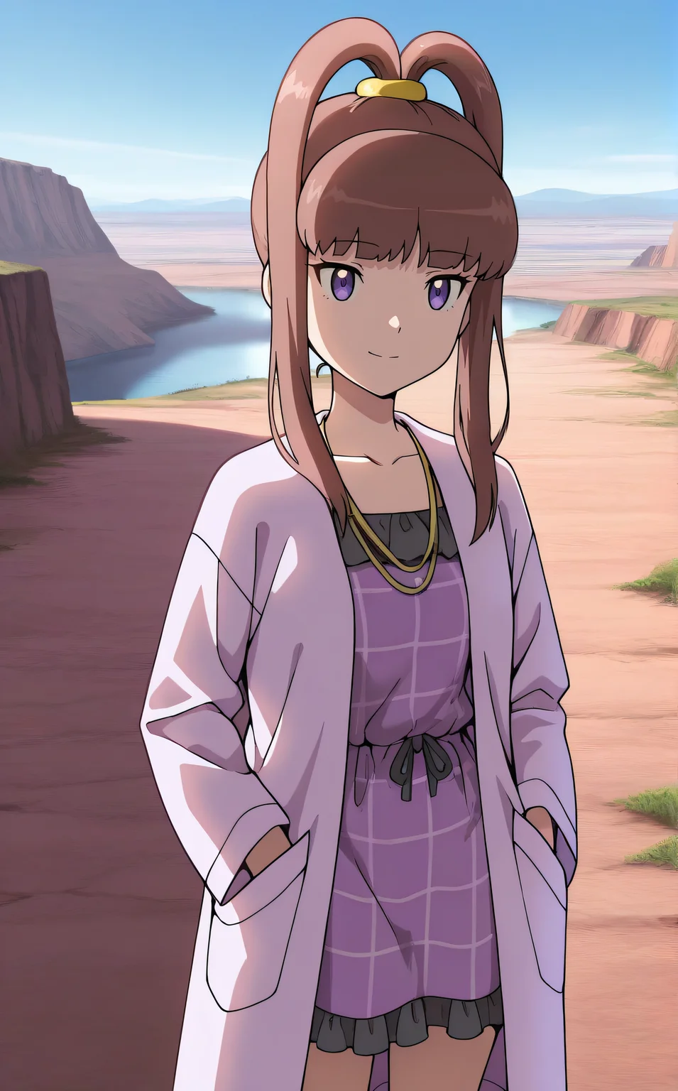 masterpiece, best quality, highres, scenery, newest, 1girl, solo, official style, <lora:IL_Amano_Nene_v2:1>, nene, necklace, collarbone, purple plaid dress, black frills, purple lab coat, outdoor, cowboy shot, frontal view, hands on pockets, smile, expressionless
