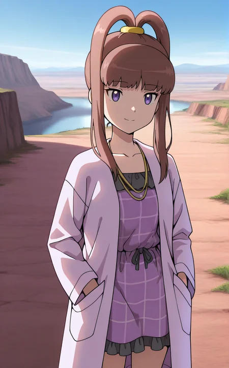 masterpiece, best quality, highres, scenery, newest, 1girl, solo, official style, <lora:IL_Amano_Nene_v2:1>, nene, necklace, collarbone, purple plaid dress, black frills, purple lab coat, outdoor, cowboy shot, frontal view, hands on pockets, smile, expressionless