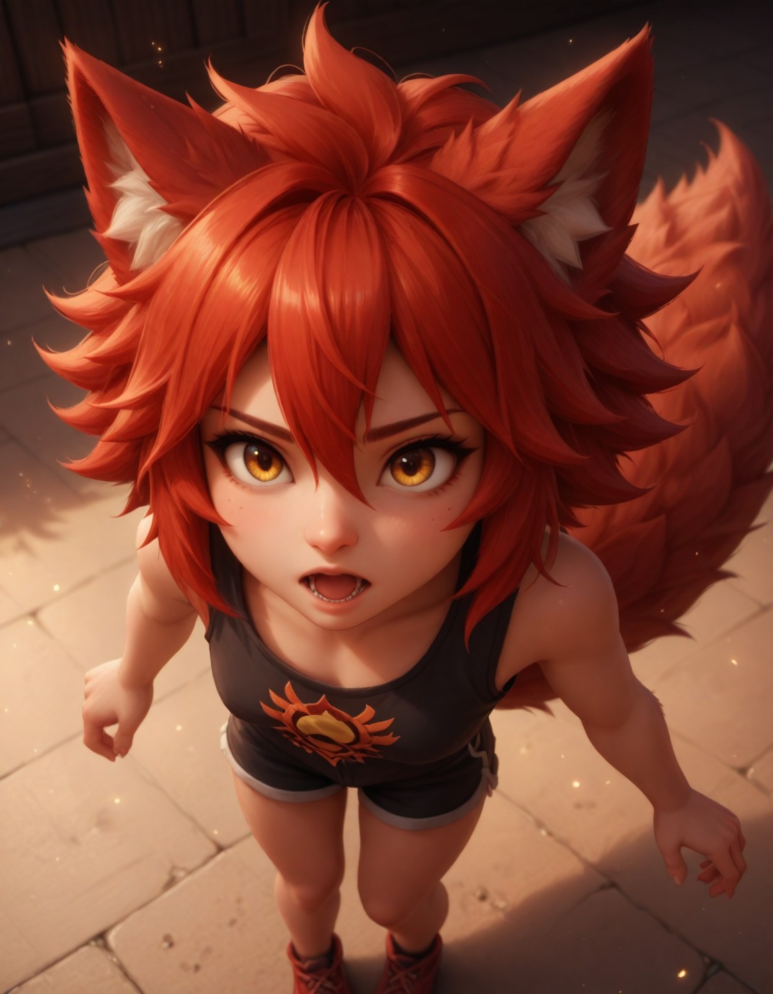 PonyScores,  nns3mi, realistic,  red hair, wolf ears, big fluffy tail, golden eyes, radiant skin,  high angle, shorts, open mouth, 
<lora:Semi-realistic_epoch_10_PDXL:0.8>, <lora:Hyper-SDXL-4s:1>
