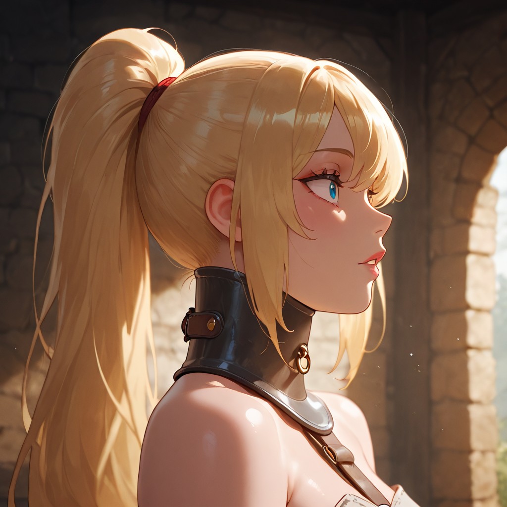 masterpiece, best quality, amazing quality, 1girl, 20 yo blonde with ponytail, submissive, posture collar, bare shoulders, seen from side, medieval dungeon <lora:Posture Collar_epoch_12:1>
