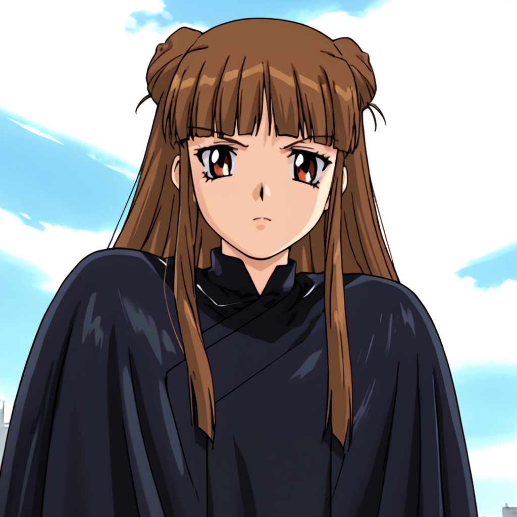 sky <lora:Uruka_Sumeragi_ç_ããã_-_Steel_Angel_Kurumi_2_é¼éå¤©ä½¿ããã¿2å¼:1> uruka sumeragi, uruka, 1girl, solo, brown hair, long hair, blunt bangs, side locks, double bun, brown eyes, black Cloak