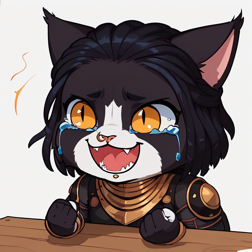 em0te art style, score_9, score_8_up, score_7_up, score_6_up, best quality,
anthro, 1girl, 3mb3r, high quality, white background, ((Wheeze)), open mouth, tears, laughing, hand on table, english text, clenched hand, high res , highly detailed face, white background, chibi, black armor, feline, black and white fur, yellow eyes, black hair, nose ring, chin piercing, extremely detailed