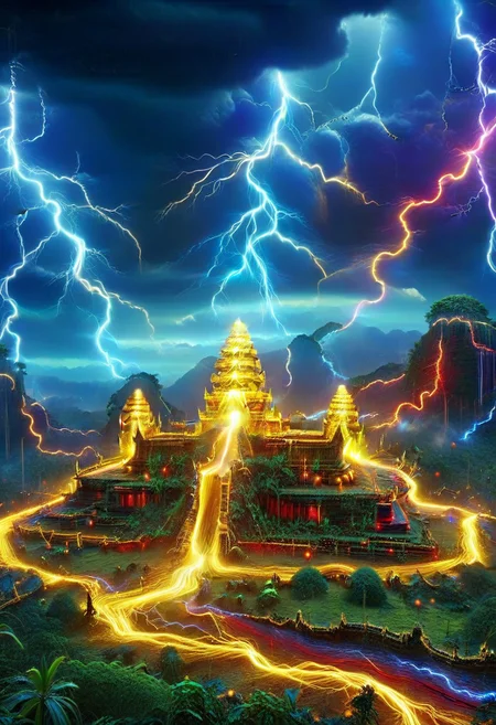 high quality, high resolution, extremely detailed,  lthndrtrl, no humans, Angkol, ruins made of golden and blue and red and yellow and purple lightning thunder trails, outdoors, jungle, thunder clouds, dark, storm,