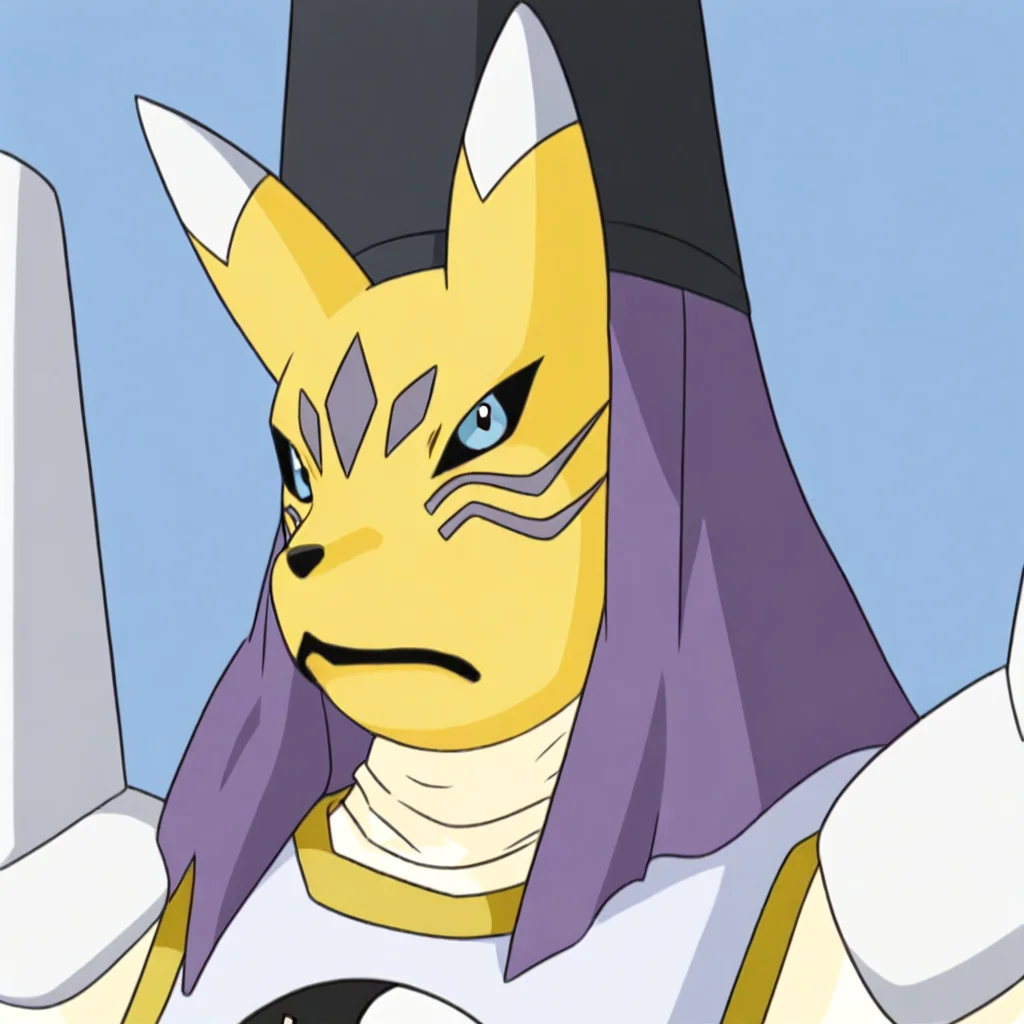 TaomonDT, furry, anthro, canine, fox, white ear tips, facial markings, black sclera, blue eyes, black pupils, black nose, black lips, yellow body, yellow fur, black headwear, eboshi, headdress, white shoulder armor, white robe, long sleeves, yin yang, upper body, close-up, looking at viewer, closed mouth, serious look, standing, blue background, simple background