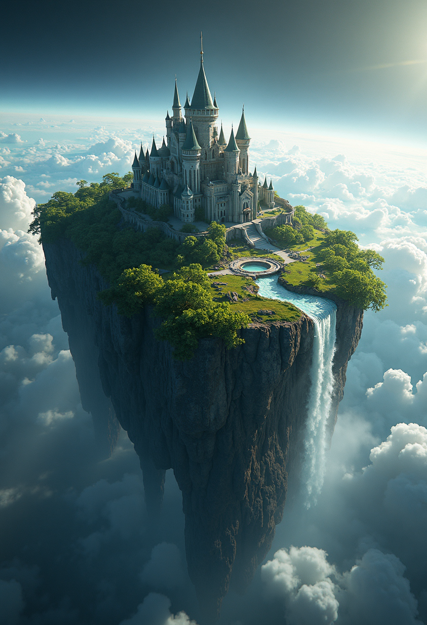 Create a highly detailed,photorealistic image of an island in space orbiting a planet devastated by nuclear war. The island is protected by a shimmering force field and is covered in forest and grassland,with a waterfall running down the side. In the center of the island is a massive castle made of crystals. 8k,octane render,ray tracing.,<lora:New_Fantasy_CoreV4_FLUX:0.8>,