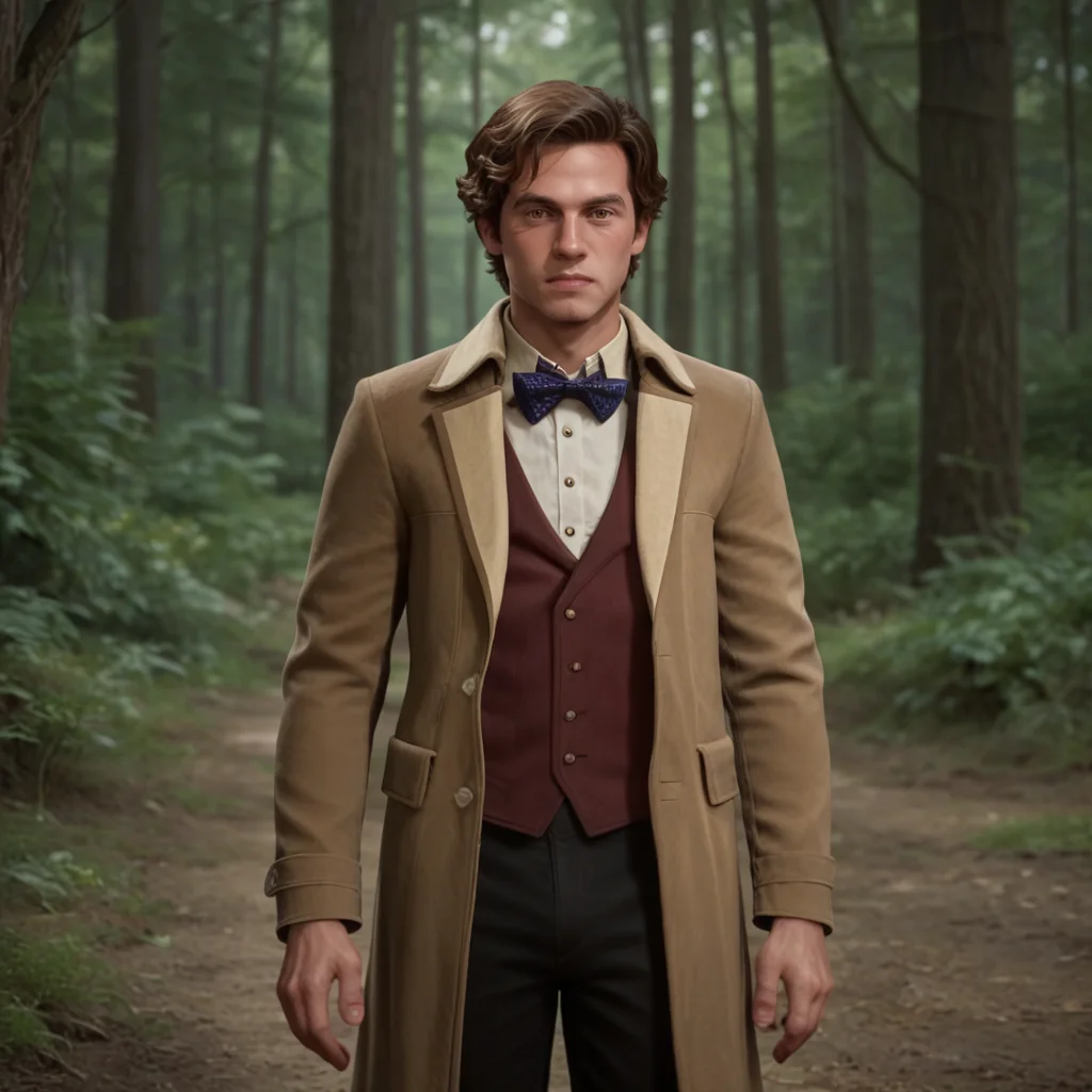 score_9_up, score_8_up, BREAK, StarterOutfit, MaleOutfit, 1boy, solo, brown hair, short hair, brown eyes, shirt, blue bowtie, vest, long coat, dark pants, cowboy shot, outdoors, forest, <lora:HogwartsLegacy_StarterOutfit_PXL_Leaf1:1>, looking at viewer, realistic, depth of field,