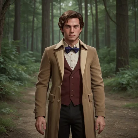 score_9_up, score_8_up, BREAK, StarterOutfit, MaleOutfit, 1boy, solo, brown hair, short hair, brown eyes, shirt, blue bowtie, vest, long coat, dark pants, cowboy shot, outdoors, forest, <lora:HogwartsLegacy_StarterOutfit_PXL_Leaf1:1>, looking at viewer, realistic, depth of field,