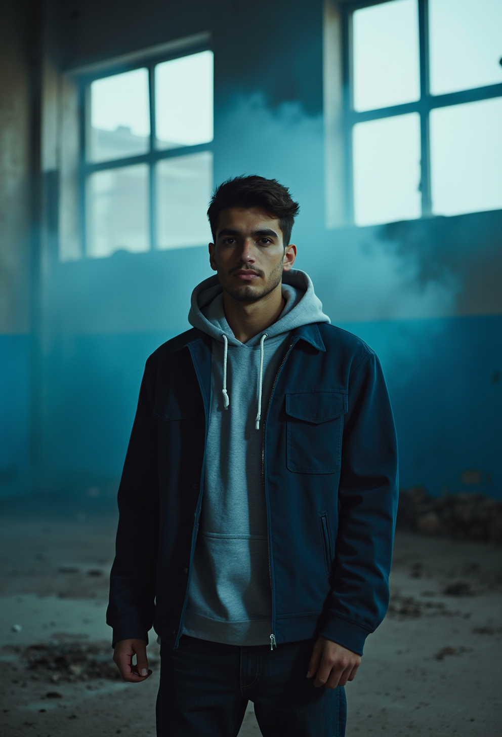 S4DC1NE. This is a photograph of a young man standing in the center of an abandoned industrial warehouse. The man is of medium build with a well-groomed, short brown hair, and a neatly trimmed mustache. He has a serious expression and is looking directly at the camera. He is wearing a dark blue, slightly oversized, zip-up jacket with two front pockets. Underneath, he has on a light gray hoodie. His outfit is casual and rugged, suggesting a cool, edgy style.
The background is dimly lit, with a strong, ethereal blue light filtering through the large, broken windows on the left and right sides of the image, casting a dramatic, almost mystical atmosphere. The floor is covered in dirt and debris, and the walls are painted in a faded blue and white color scheme, adding to the desolate feel of the location. There is a faint, mist-like haze throughout the space, which enhances the overall mood of the photograph.
The overall color palette is muted with shades of blue, gray, and brown, creating a moody and introspective ambiance. The image captures a blend of urban decay and a solitary, contemplative figure, evoking a sense of loneliness and melancholy. 