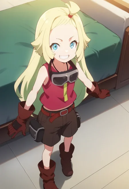 1girl, solo, long hair, blue eyes, blonde hair, sleeveless, red shirt, belt, brown shorts, goggles, brown gloves, goggles around neck, brown footwear, <lora:PonyXL Memempu V1:1>, score_9, score_8_up, score_7_up, score_6_up, score_5_up, score_4_up , anime coloring ,BREAK source_anime, anime,
looking at viewer, smile, grin,
indoors,