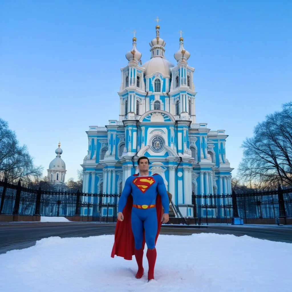 superman, Smolny Cathedral in the background, poster