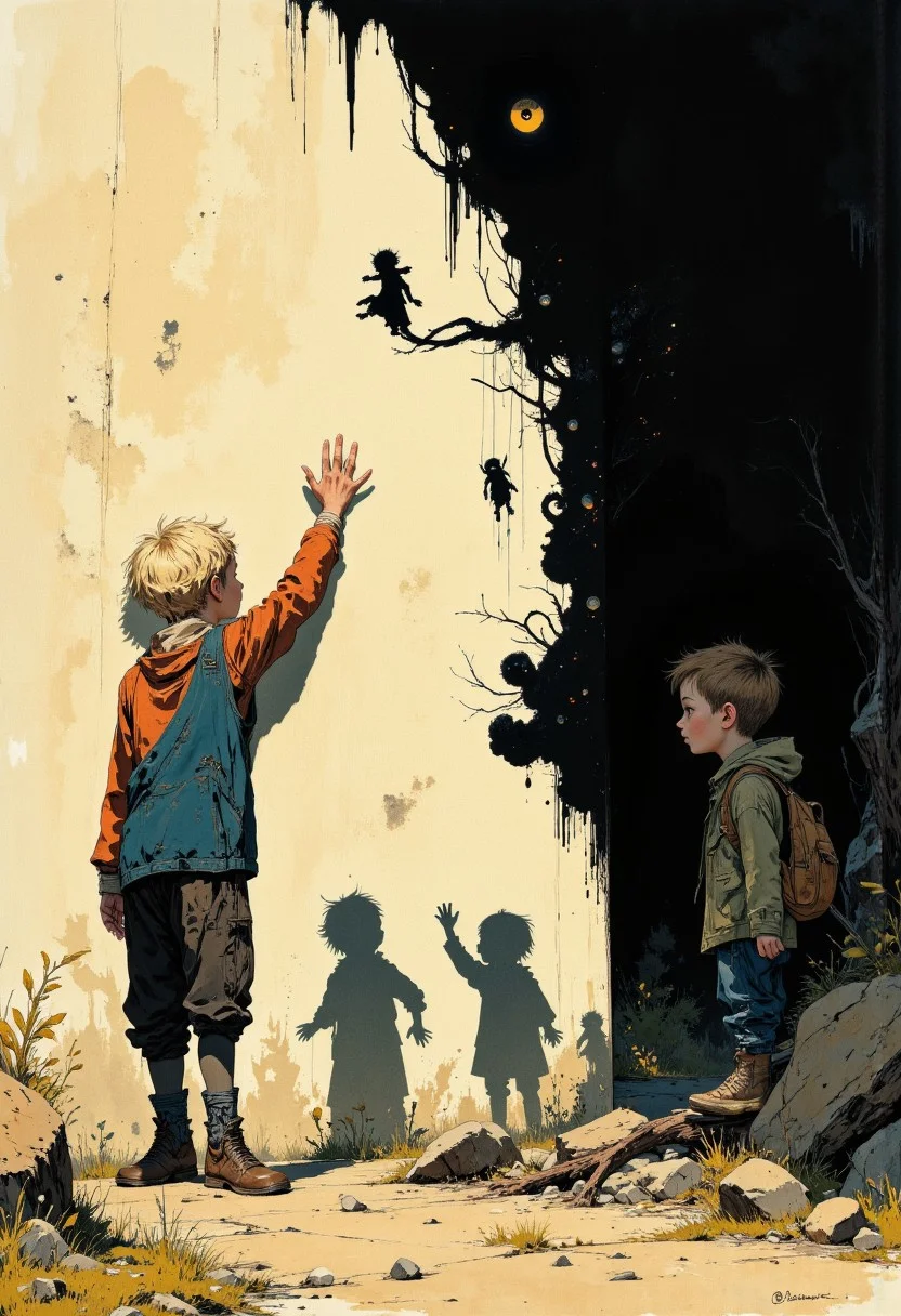 Create a beautifully detailed sketch capturing a fantastical world infused with nostalgia and shadowy intrigue. The style features clean, confident outlines with soft watercolor washes, balancing warmth and accessibility with intricate detail. The palette contrasts muted tones—warm ochres, soft reds, creamy whites—with stark, inky blacks, creating a dramatic interplay of light and shadow that evokes both innocence and mystery. The atmosphere blends vintage children’s book charm with an eerie undertone, as if balanced between reality and a shadowy dreamscape.
Characters should have naturalistic proportions and subtle expressiveness, their features gently exaggerated to reflect curiosity, resilience, or vulnerability. Dynamic shadow puppet figures may emerge in the background, their silhouettes adding to the narrative and reinforcing the duality of light and shadow. The focus will be on a specific subject—An extreme close-up reveals Henry’s hand brushing against a shadowy wall, his fingers trailing through silhouettes of puppet figures trapped beneath the surface. The camera follows their frantic movements, their tiny faces and limbs pressing outward, as though pleading for release—carefully integrated into the scene. The composition is grounded yet surreal, seamlessly merging whimsical simplicity with haunting, thought-provoking detail to invite wonder and introspection.