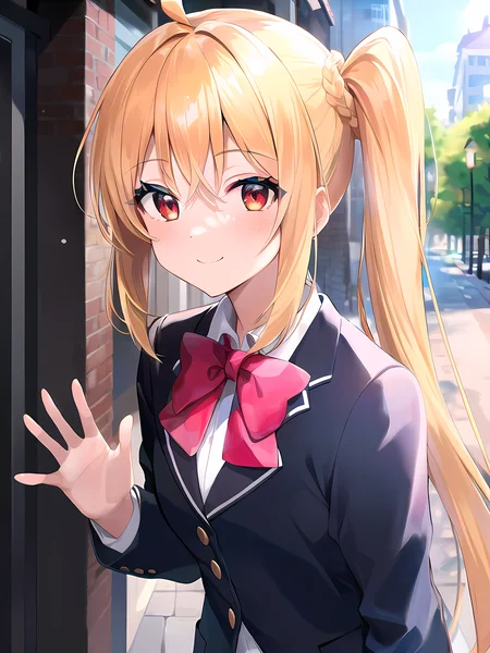 (masterpiece:1.3), (absurdres:1.3), (best quality:1.3), (ultra-detailed:1.3),(best shadow:0.7), (handled hair), (sharp eyeliner, eyeshadow, detailed eyes:1.1), perfect anatomy, BREAK, 1girl, solo, red eyes, glowing eyes, side ponytail, sidelocks, school uniform, jacket, blazer, white shirt, skirt, bangs, waving arms, leaning forward, smile, closed mouth, blush, upper body, BREAK street, shop, outdoors, backlighting