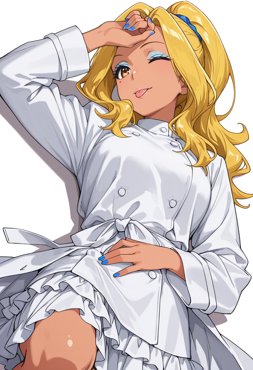 Smooth Quality,masterpiece,very intricate, high quality details, ultra realistic, high detailed skin,detailed enviorement,absurdres,
 <lora:Gotou_Shino_Shiipon_CNR:0.8> gotou_cnr, blonde hair,long hair, ponytail, brown eyes, dark-skinned female, mole, nail polish, eyeshadow,, simple background, white background, dutch angle,solo,
lying supine, one knee up, arm draped over forehead, other hand on stomach  ,, ;p,, lace-up top,  ,doctor coat,  ,ruffled skirt, ,