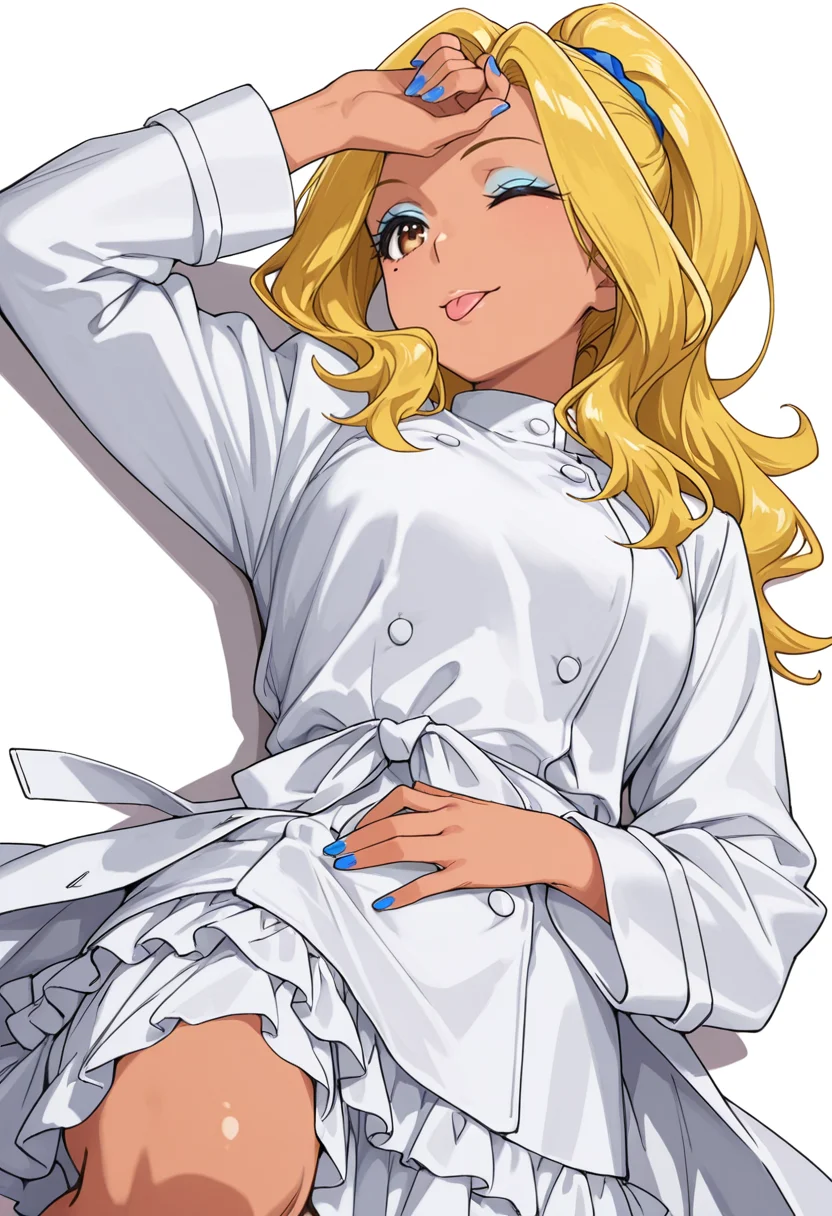Smooth Quality,masterpiece,very intricate, high quality details, ultra realistic, high detailed skin,detailed enviorement,absurdres,
<lora:Gotou_Shino_Shiipon_CNR:0.8> gotou_cnr, blonde hair,long hair, ponytail, brown eyes, dark-skinned female, mole, nail polish, eyeshadow,, simple background, white background, dutch angle,solo,
lying supine, one knee up, arm draped over forehead, other hand on stomach ,, ;p,, lace-up top, ,doctor coat, ,ruffled skirt, ,