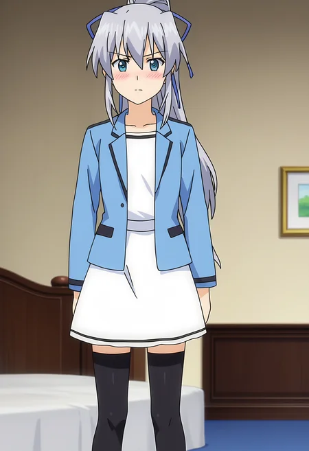 score_9, score_8_up, score_7_up, source_anime,
BREAK
1girl, solo,
anime screencap, anime coloring,
<lora:shiKranjarV1:1>, shililianaalt, long hair, blue eyes, grey hair, hair ribbon, ponytail,
alternate costume, white dress, ribbon, blue jacket,black thighhighs, casual,
looking at viewer, blush,