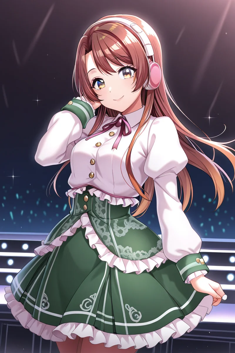 masterpiece, best quality, amazing quality,
<lora:Haruna_IL:1> haruna, 1girl, solo, long hair, skirt, smile, long sleeves, looking at viewer, headphones, puffy sleeves, brown hair, shirt, yellow eyes, white shirt, frills, green skirt, stage outfit